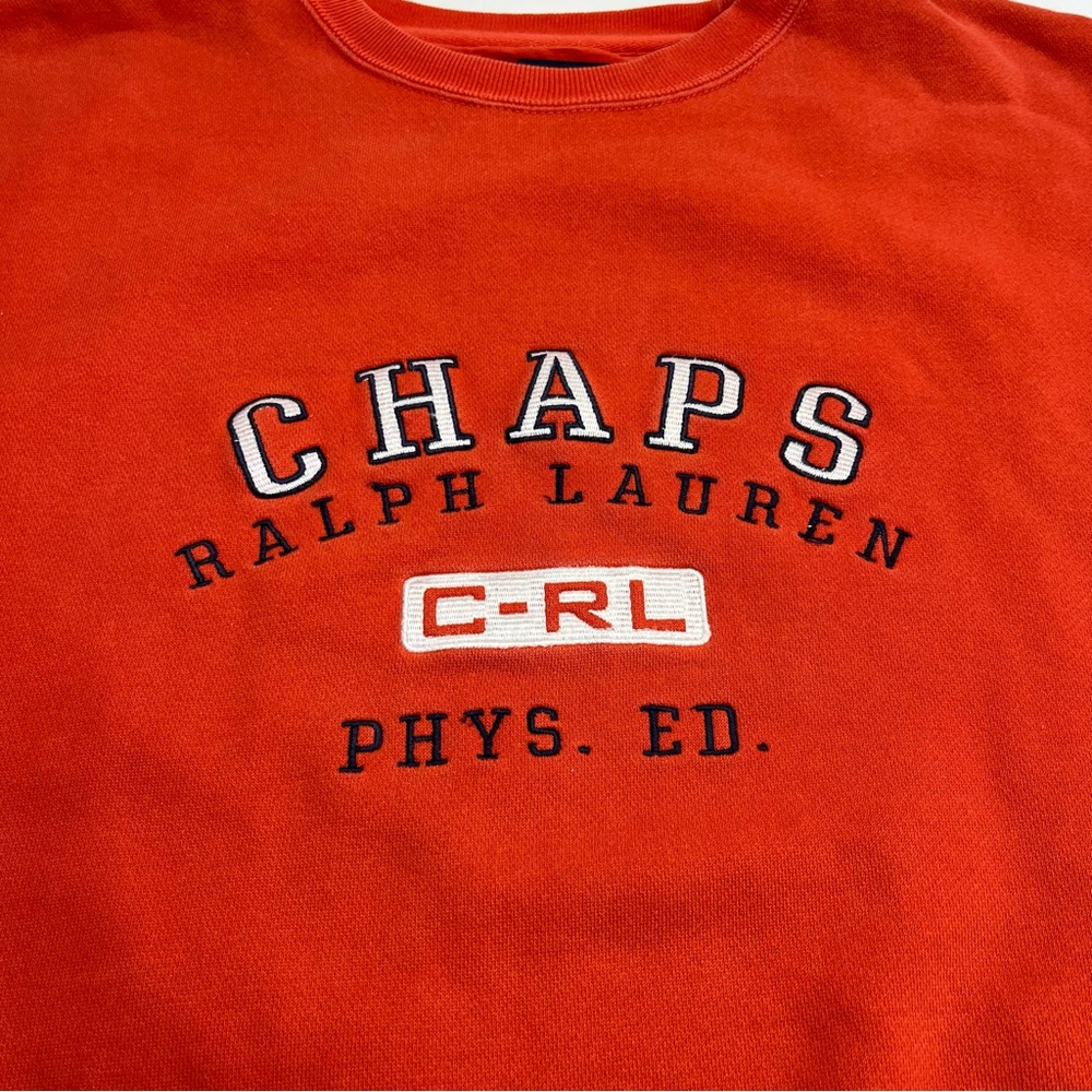 Vtg 90s Chaps Ralph Lauren Mens XXL Spell Out Crewneck Sweatshirt Orange *FLAW